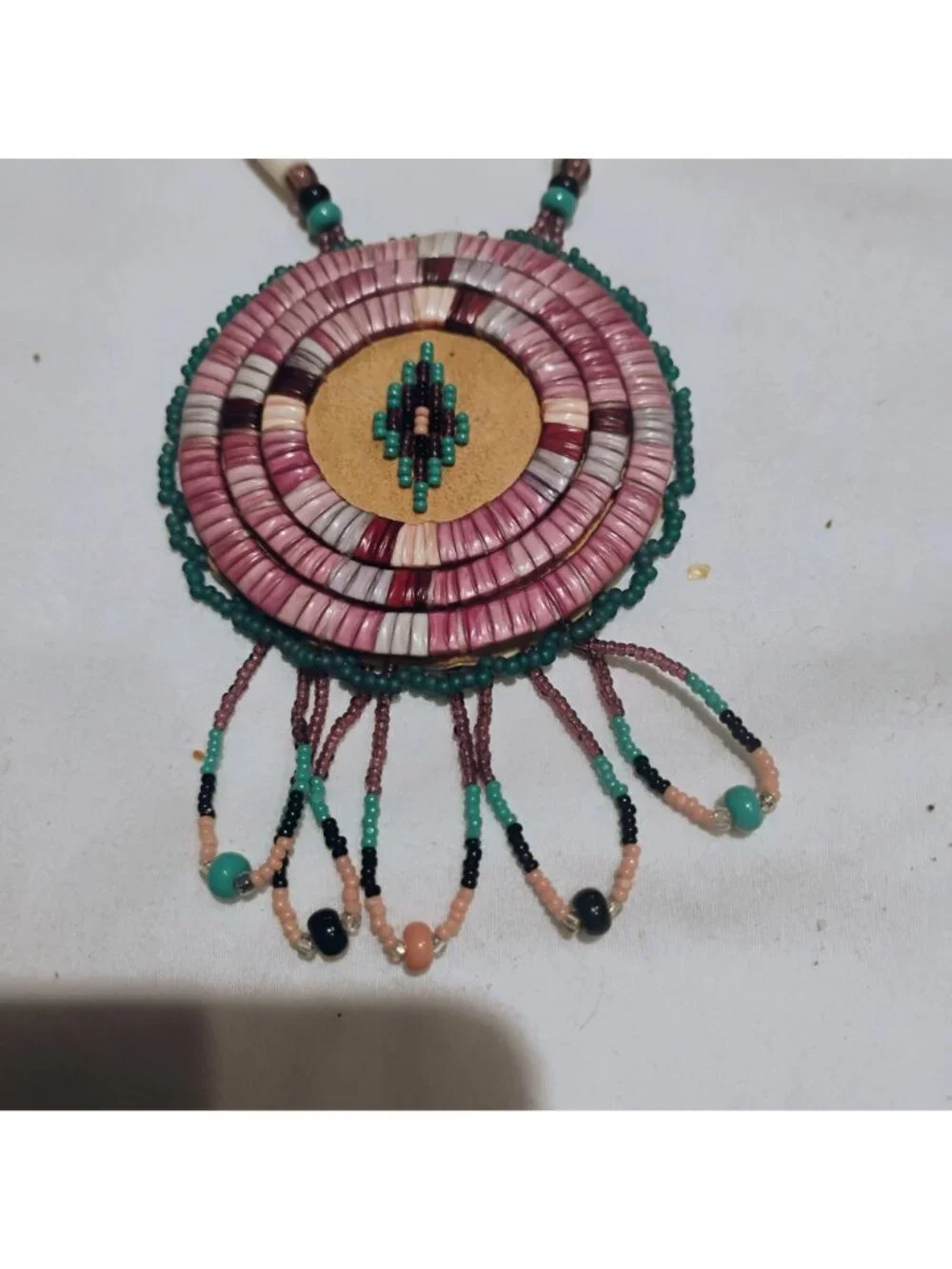 Vtg Native Wampum Bead Necklace Purple Spiny Oyster Shell on Leather - Picture 6 of 12